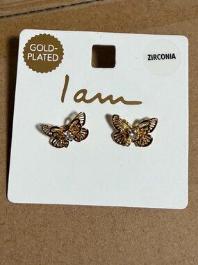I Am Gold-Plated 3-D Butterfly Stud Earrings w/ Central Zirconia Stones